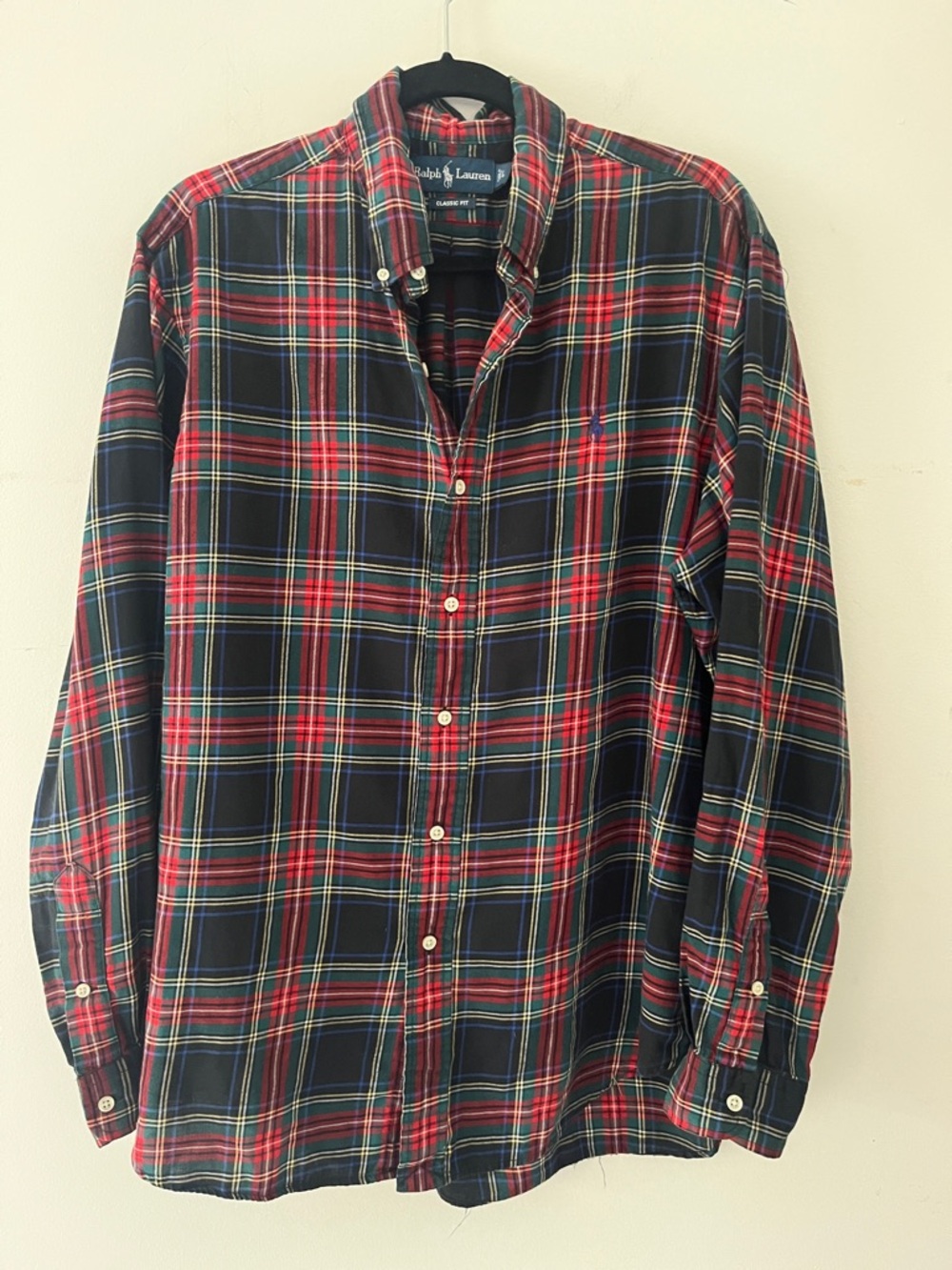 Ralph Lauren Men’s Navy and Red Plaid Button-Down Shirt classic fit size large